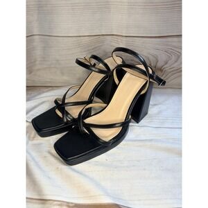 Princess Polly Black Strappy Heels Square Toe Block Heel Sandals 7